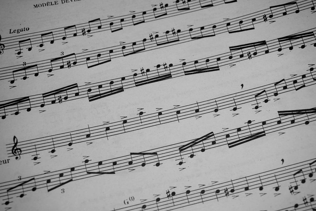 about-03 Detailed view of sheet music featuring musical notations and symbols.
